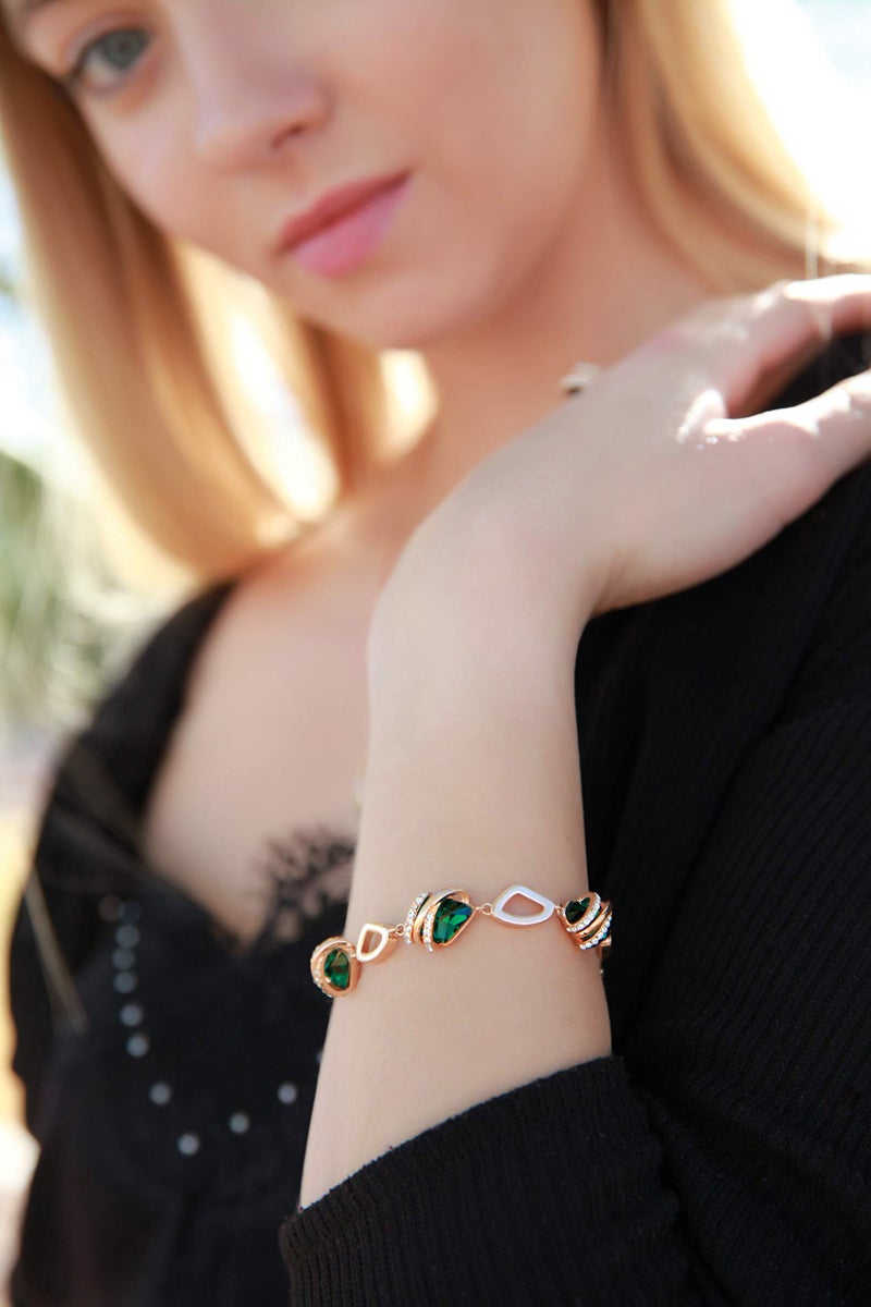 Leafael Wish Stone Link Charm Bracelet with Emerald Green Birthstone Crystal for May, Rose Gold Plated, 7"+2" - Image 2